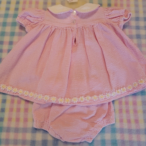BRIGHT FUTURE ♡ Vintage 2pc Pink|White Daisy Floral Seersucker Dress Outfit 0-3M - Picture 13 of 15